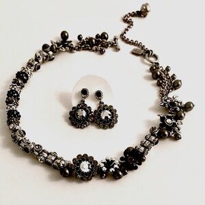 Otazu Necklace & Earrings Set Signed Black Crystals Pearls Silver Vintage